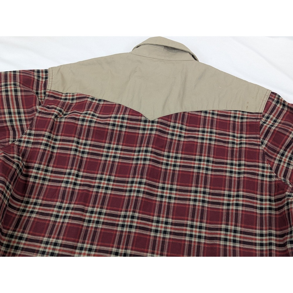 Vintage Wrangler Shirt Mens 2X Red Plaid Tan Brushpopper Pearl Snap Western - Picture 9 of 10